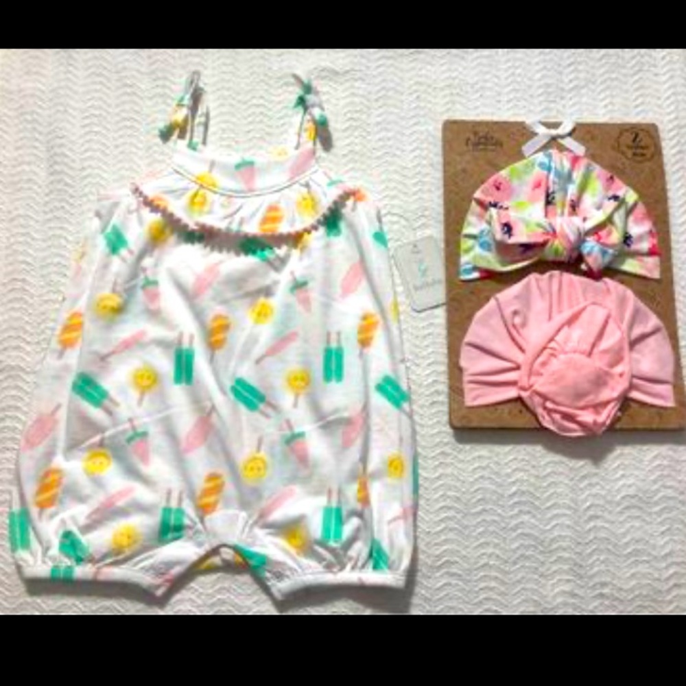 Romper & 2 Hats W/ Bows NEW SET Summer Ice Cream
